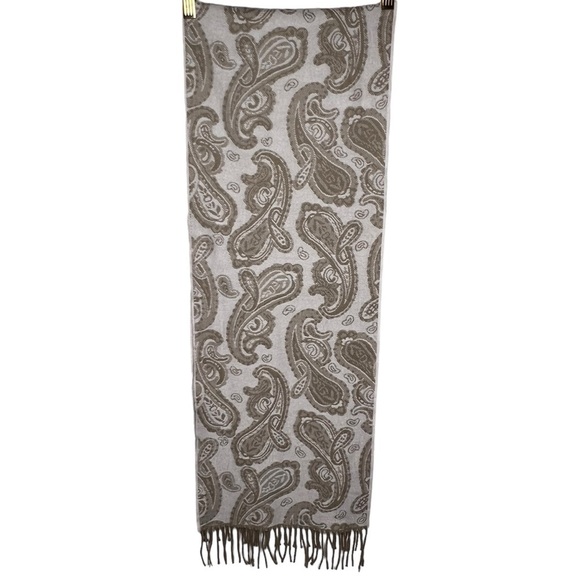 Cashmere Paisley Scarf Shawl with Fringe Beige White England Made Reversible - Picture 5 of 12